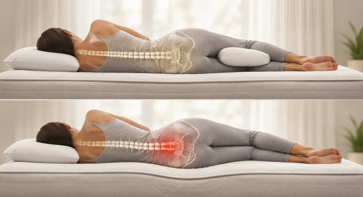 Side sleeping spinal alignment and lower back pressure